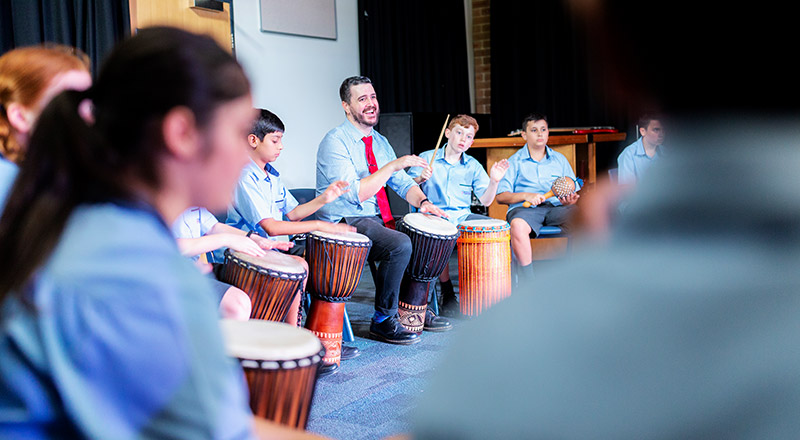 Penola Catholic College Emu Plains students learning percussion